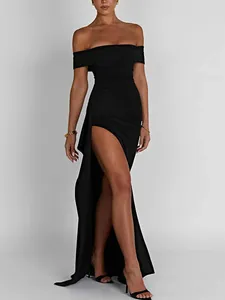 Elegant sexy black off-the-shoulder evening gown with a high slit detail for party wear