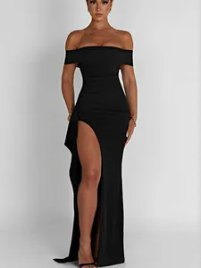 Elegant off-the-shoulder black evening gown with high thigh-slit detail for formal parties