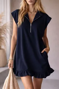 Navy blue sleeveless dress with a zipper V-neck and elegant ruffle hem detailing.
