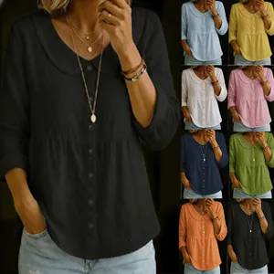 Damen Sommer Peter-Pan-Kragen Baumwolle Leinen Hemd Einfarbig Lose Bluse 3/4 Ärmel Lässig A-Linie Top Für Den Alltag