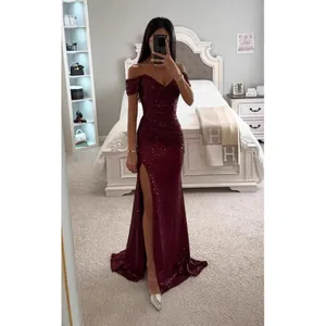 Women Sexy Sequin Off-the-Shoulder Maxi Dress Elegant Slit Bodycon Polyester Prom Party Evening Gown Special Occasion Dress