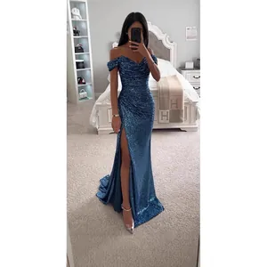 Elegant sparkling blue sequin off-shoulder evening gown with high slit and slim fit