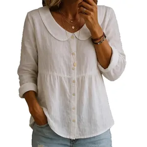 Weiße Leinen-Baumwoll-Bluse für Damen mit Peter-Pan-Kragen und Knopfleiste