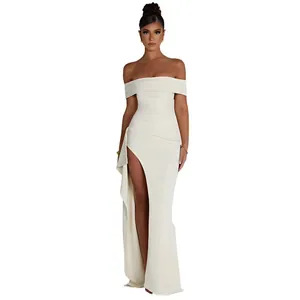 Elegant off-the-shoulder white evening gown with a high slit and sophisticated slim fit design
