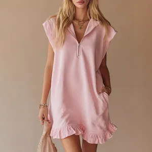 Elegant pink sleeveless mini dress with V-neck zipper and stylish ruffle hem design