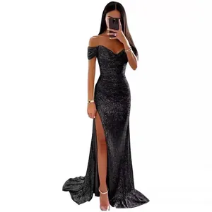 Elegant black off-the-shoulder sequined prom gown with a sexy high slit for evening parties