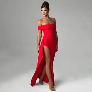 Elegant red off-the-shoulder evening gown featuring a sexy high side slit detail