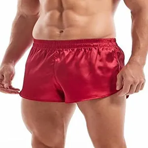 Herren Satin Boxershorts Sexy Seitenschlitz Seidentextur Lounge Schlafhosen Lässig Bequeme Einfarbige Schlafanzughosen