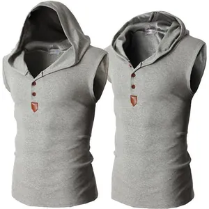 Ανδρικό γκρι αμάνικο μπλουζάκι με κουκούλα, στενή εφαρμογή, αθλητικό ελαστικό γιλέκο