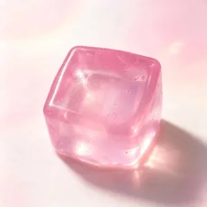Detailaufnahme eines rosafarbenen durchsichtigen Malzzucker-Eiswürfel-Squishys