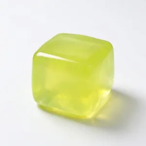 Detail eines lichtdurchlässigen gelbgrünen Maltose-Eiswürfel-Stressspielzeugs.
