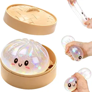 Morbido giocattolo antistress a forma di baozi glitterato con cestino a vapore