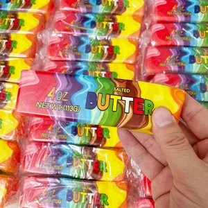Macro view of rainbow butter stick squishy toy showing colorful texture and details.