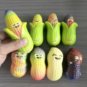 Set of cute corn and peanut squishy toys for stress relief, variety of colors and expressions.