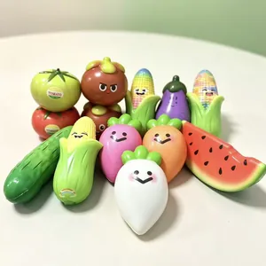 Collection of colorful squishy fruit and vegetable toys with cute faces for stress relief