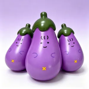 Close-up of three purple eggplant squishy PU slow rising stress relief toys for kids