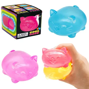Detail showing colorful cat squishy stress relief toys with product packaging box