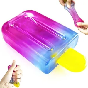 Vibrant gradient popsicle squishy toy being squeezed and stretched for stress relief