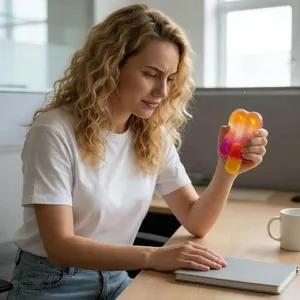 Woman squeezing a colorful ice cream popsicle squishy for stress relief at her desk