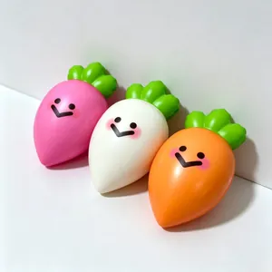 Set of three colorful radish squishy toys with cute smiley faces for stress relief.