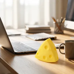 Close-up of a cheese-shaped slow rebound squeeze toy on a wooden office desk.