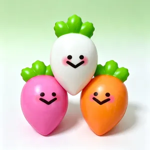 Close-up of three cute vegetable-shaped PU squishy toys in pink, white, and orange tones.