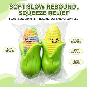Macro view of soft PU slow rebound corn stress relief toys in transparent packaging