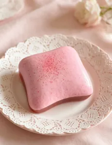 Macro view of a soft pink toast squishy stress relief toy on an elegant white lace plate