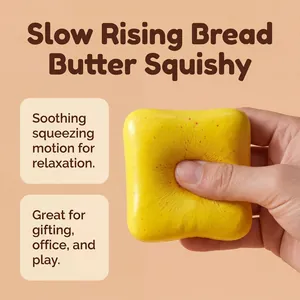 Close-up of a slow rising yellow bread butter squishy toy being squeezed for relief