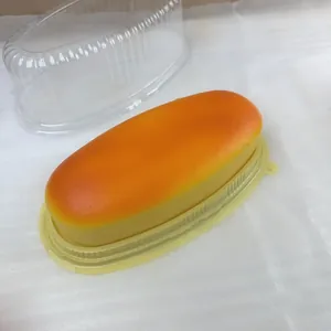 Realistic cheese bread squishy toy shown with its clear plastic storage container