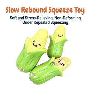 Close-up detail of three cute corn-shaped slow rebound squishy toys for stress relief