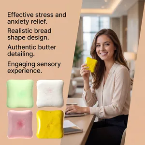 Lifestyle view and multi-color options of a realistic toast stress relief squeeze toy