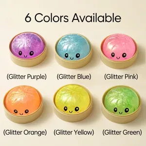 Gedetailleerde weergave van zes glitter bun squishy speelgoed in diverse kleuren