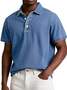Detailed view of a men's vintage denim short sleeve polo shirt in washed blue finish