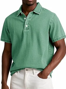 Close-up of a vintage washed green polo shirt for men featuring classic white buttons