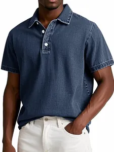Detailed view of men's vintage dark blue denim-textured polo shirt with white buttoned lapel