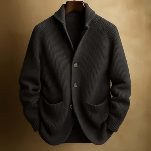 Detailed view of a premium grey knitted cardigan with shawl collar and buttons
