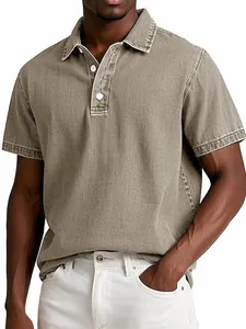 Detail of men's retro khaki polo shirt showing washed denim-like texture