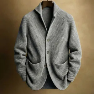 Elegant grey shawl collar knitted cardigan with premium three-button detail and texture