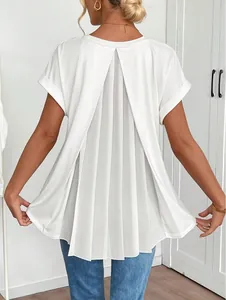 Elegant white short sleeve top featuring a detailed pleated back panel for a chic look.