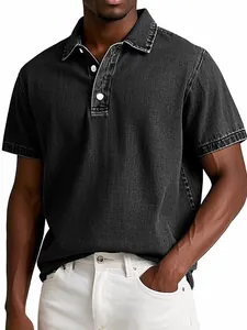 Detailed view of a premium men's vintage washed charcoal short sleeve denim polo shirt