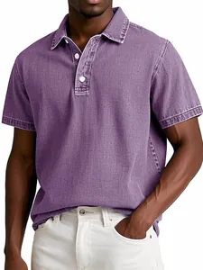 Close-up of purple polo shirt with denim texture and white buttons on model