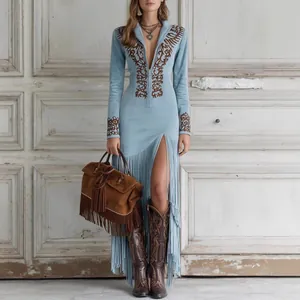 Vintage ethnic light blue maxi dress with brown floral embroidery and fringe detail