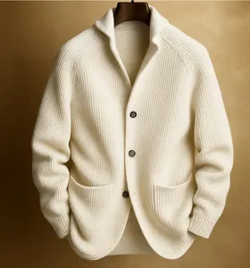 Close-up detail of cream men's shawl collar knitted cardigan with three buttons