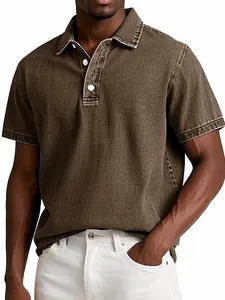 Detailed view of men's vintage brown washed short-sleeve polo shirt with lapel collar