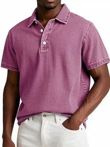 Detail view of premium vintage washed purple cotton polo shirt for men featuring classic collar