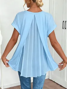 Detail of light blue short sleeve top featuring an elegant pleated chiffon back design