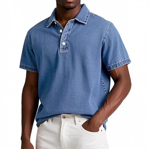 Classic men's blue denim-textured short-sleeve polo shirt paired with white trousers