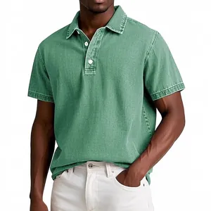 Classic vintage washed green men's short sleeve polo shirt with high-quality texture