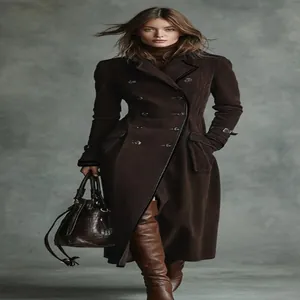 Elegant western-style dark brown long suede trench coat for women with classic lapels